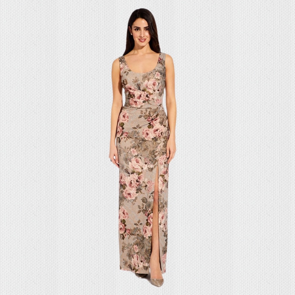NWT Adrianna Papell Slate Blush Floral Matelasse Long Dress Formal Gown - 12